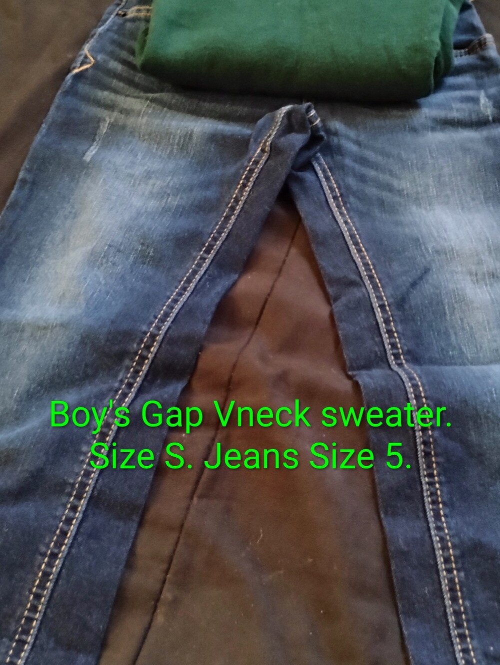 GAP Slim Straight Boy's  Blue Denim Jeans and green Vneck sweater by Gap. Small